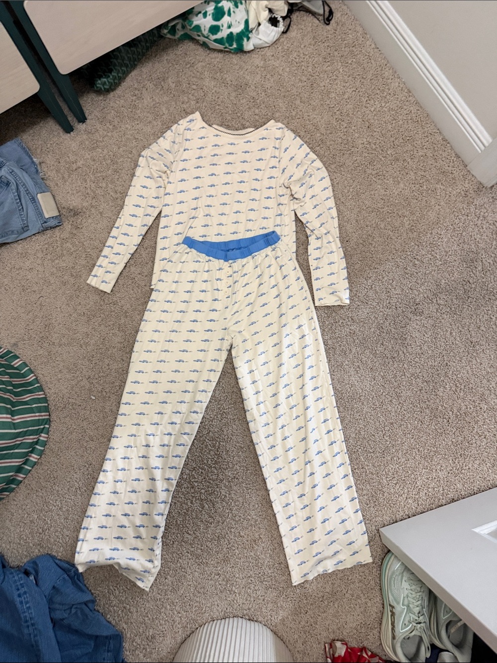Cream and Blue Printed Two-Piece Loungewear Set